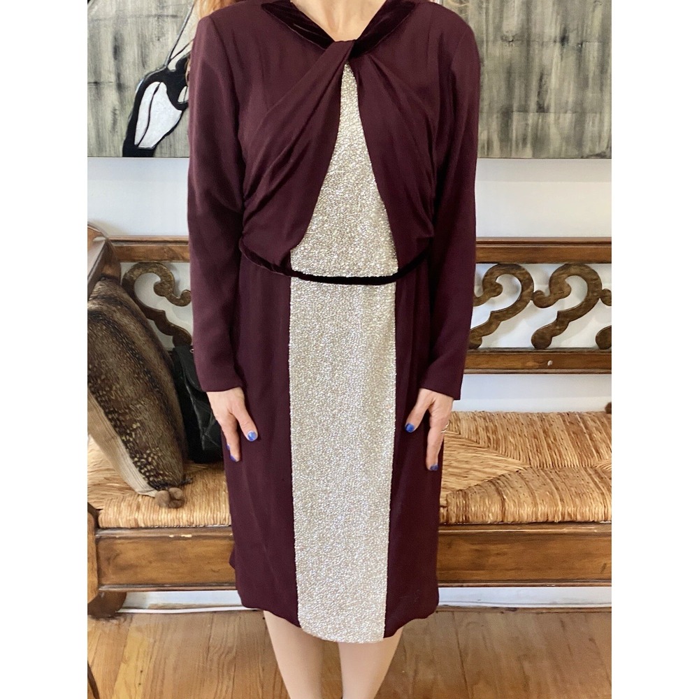 DONALD DEAL RUNWAY BORDEUX WOOL VELVET CRYSTAL EMBELLISHED COLUMN SHEATH DRESS 8